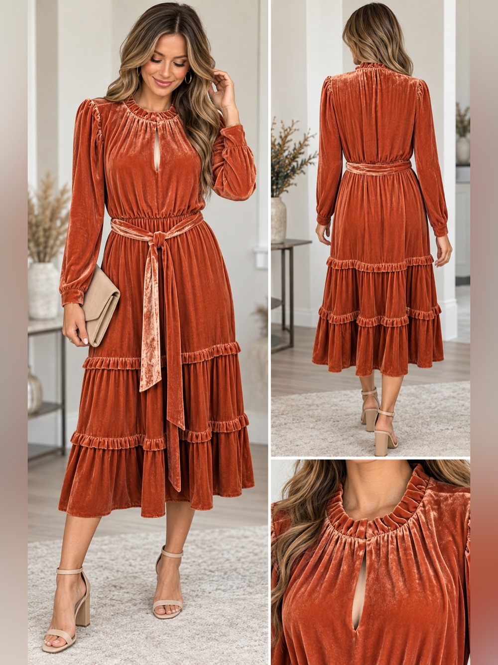 Marie Oliver "Ruthie" Velvet Midi Dress In The Color Chestnut/Rust
Size Small